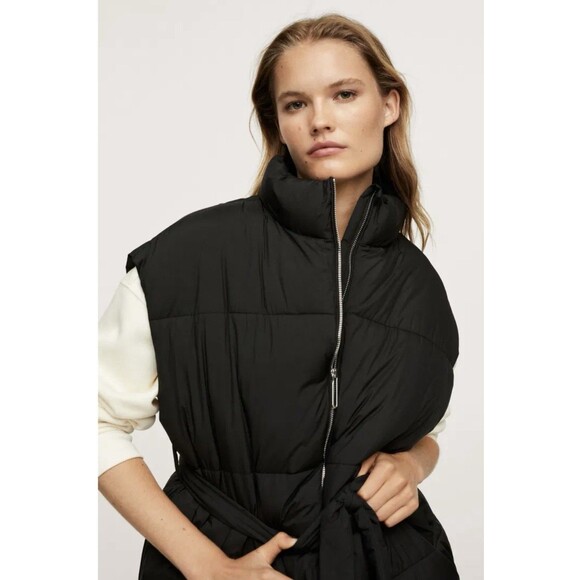 MANGO Padded Waistcoat Puffer Vest With Belt Black XS Waist Tie Oversize - Picture 2 of 9